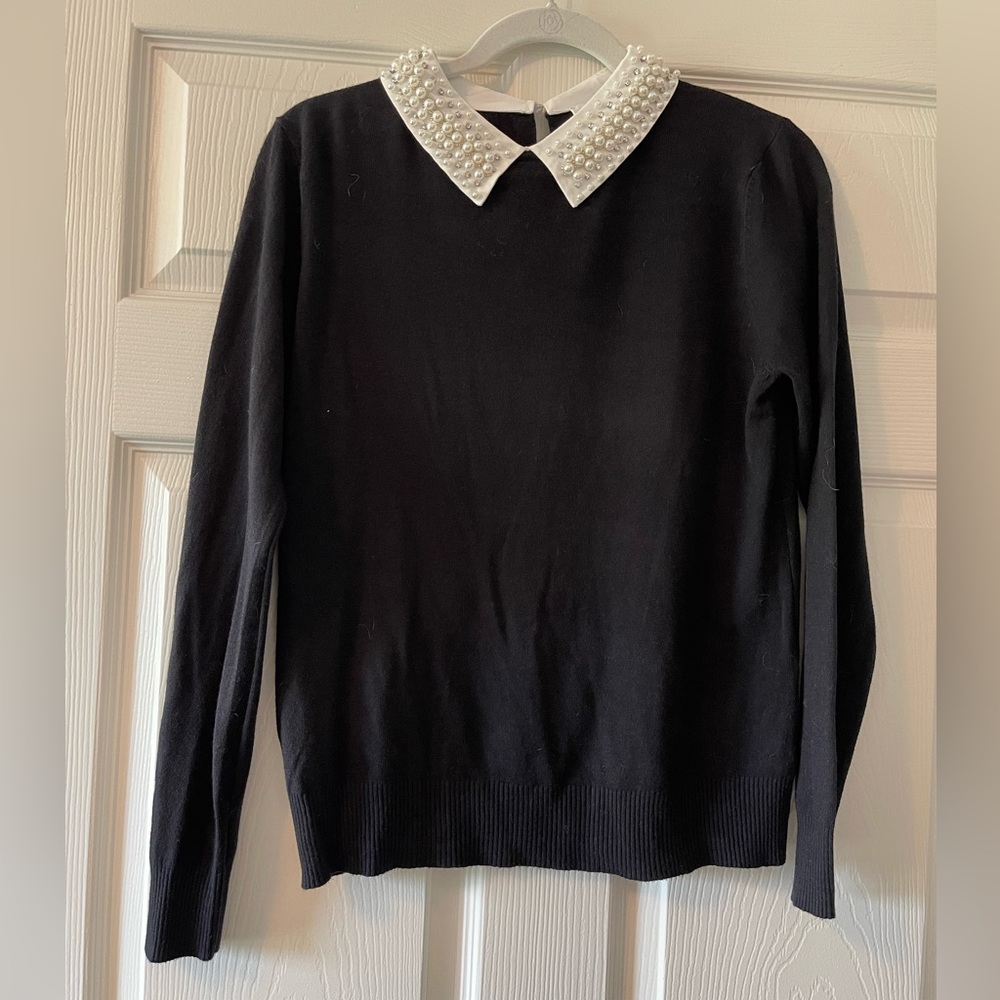 Black Sweater with Pearl Collar